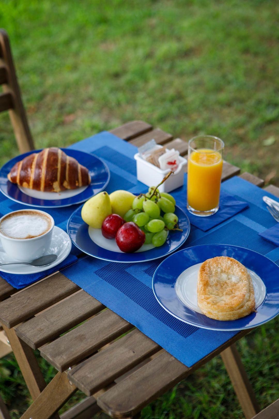 An outdoor breakfast spread on a wooden deck includes fresh fruit, pastries, coffee, and orange juice served on a blue tablecloth overlooking green lawn.